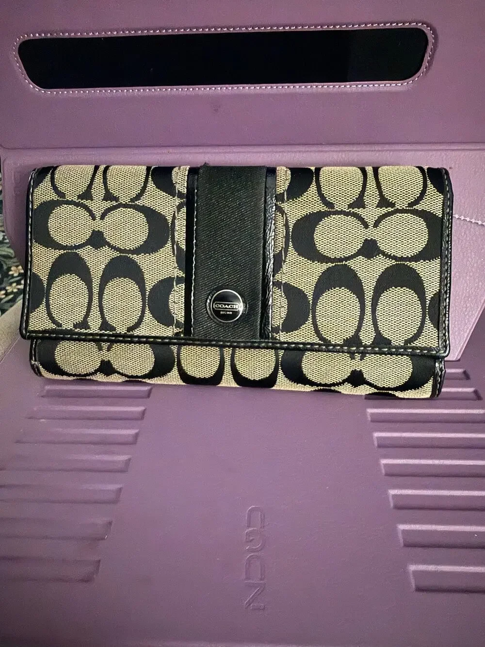 Coach Signature Long Wallet Black Beige Canvas Leather Snap Closure Pre-owned.